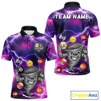 Purple 8 ball and 9 ball tornado billiard polo shirt for men with custom pool team graphics.