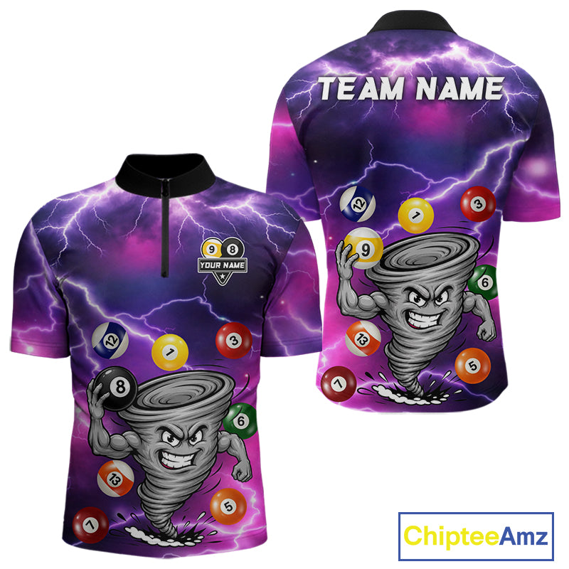 Purple 8 ball and 9 ball tornado billiard quarter zip shirt for men designed for league tournaments and team events.