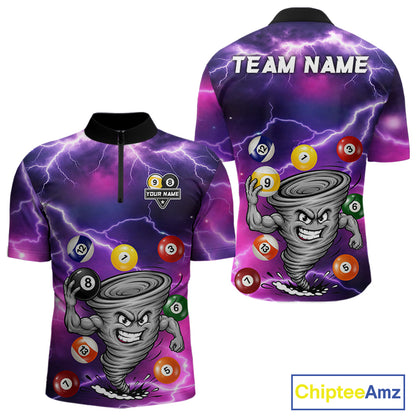 Purple 8 ball and 9 ball tornado billiard quarter zip shirt for men designed for league tournaments and team events.