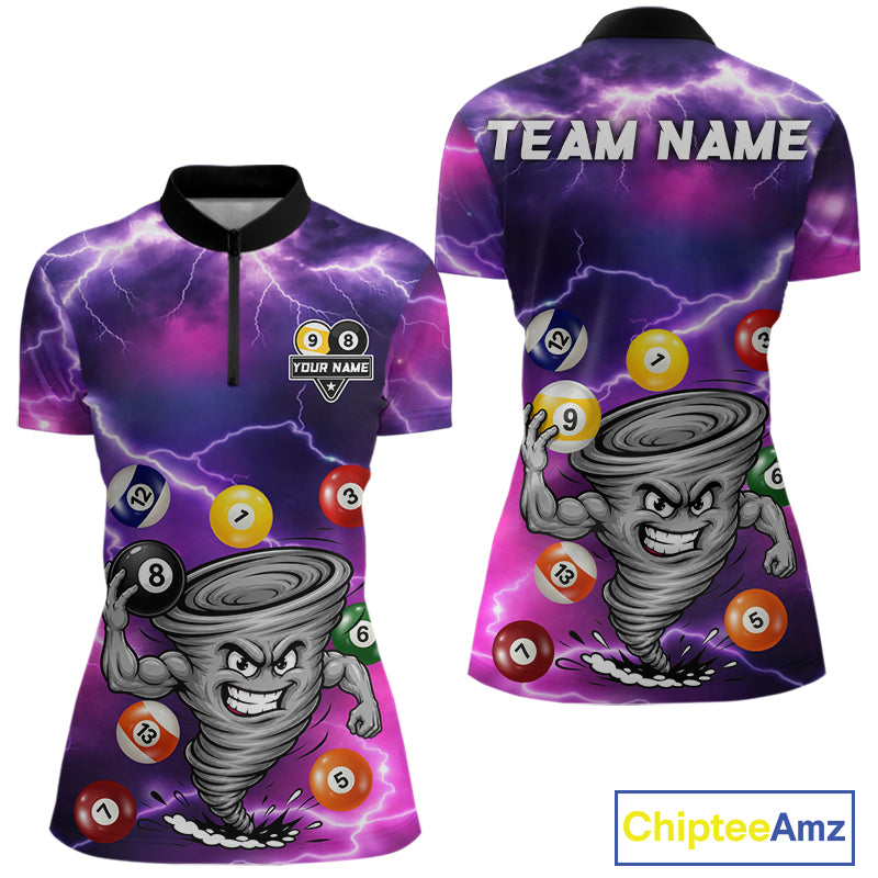 Purple 8 ball and 9 ball tornado billiard quarter zip shirt for women designed for league tournaments and team events.
