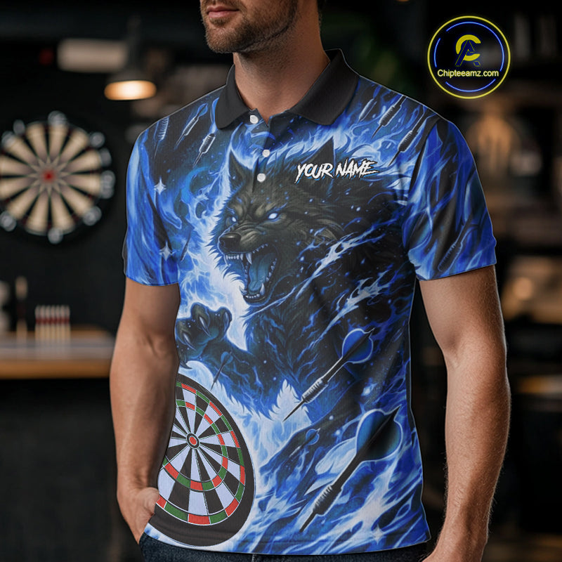 Blue Flaming Wolf Dartboard Jersey For Men Custom Darts League Team Shirt Polo & Quarter Zip TDM5023