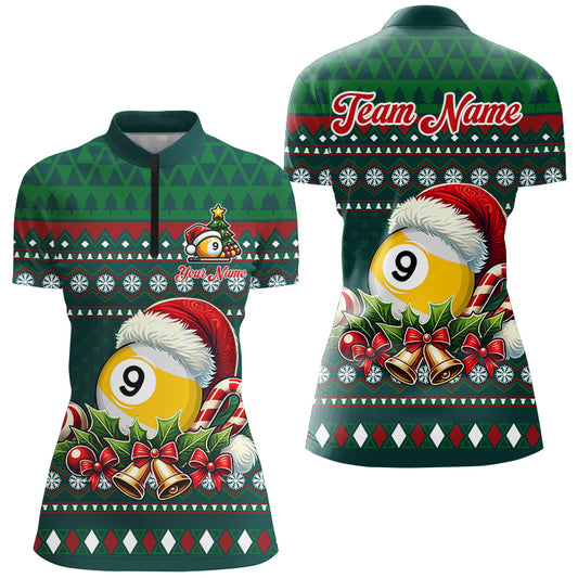 Funny Green Christmas Santa 9 Ball Pool Billiard Shirts For Women Custom Xmas Billiard Jerseys TDM3013