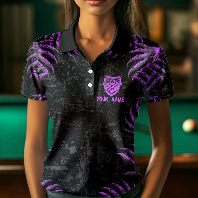 Funny Skull Claw Pattern Custom Women Billiard Shirts, Grunge Purple Black Team Billiard Jerseys TDM3751