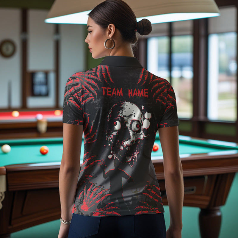 Funny Skull Claw Pattern Custom Women Billiard Shirts, Grunge Red Black Team Billiard Jerseys TDM3752