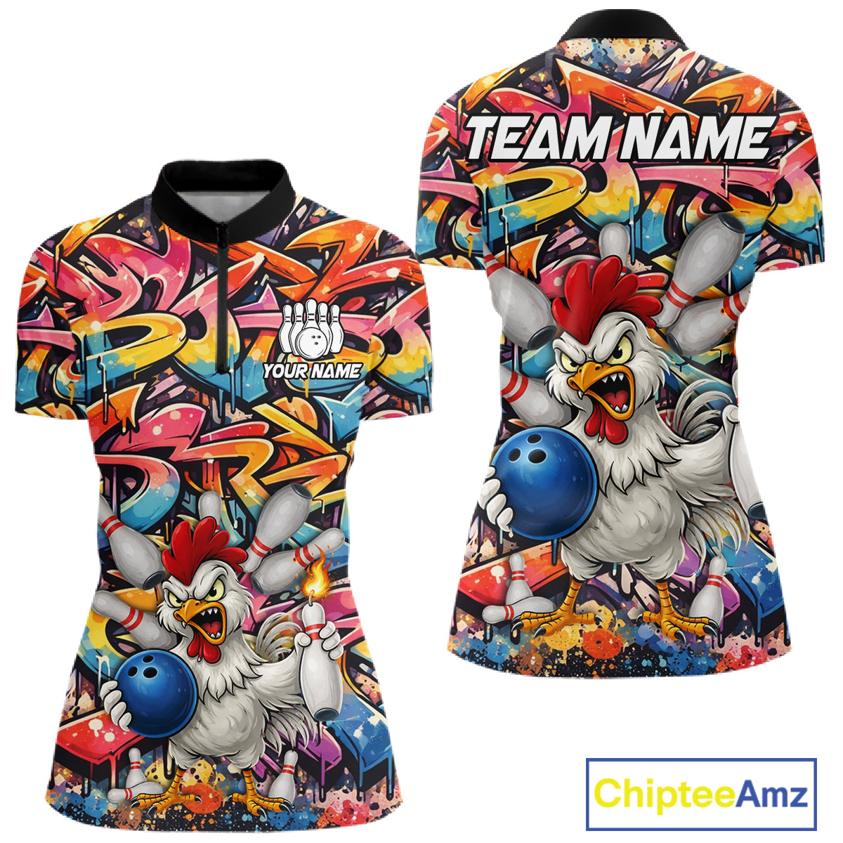 Funny Rooster Graffiti Style Bowling Jersey For Women Custom Bowling Team Jersey Polo & 1/4 Zip TDM6121