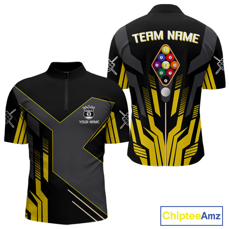 Personalized Yellow Black 9 Ball Pool Shirt For Men, Billiard League Team Jersey Polo & 1/4 Zip TDM4228