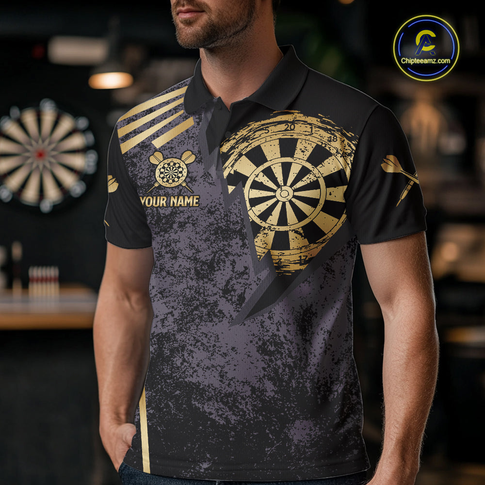 Man wearing a gold grunge dartboard darts jersey front view.