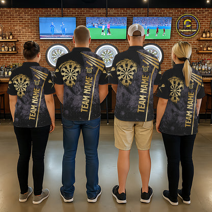 Back view of darts players wearing matching gold grunge dartboard darts shirts.