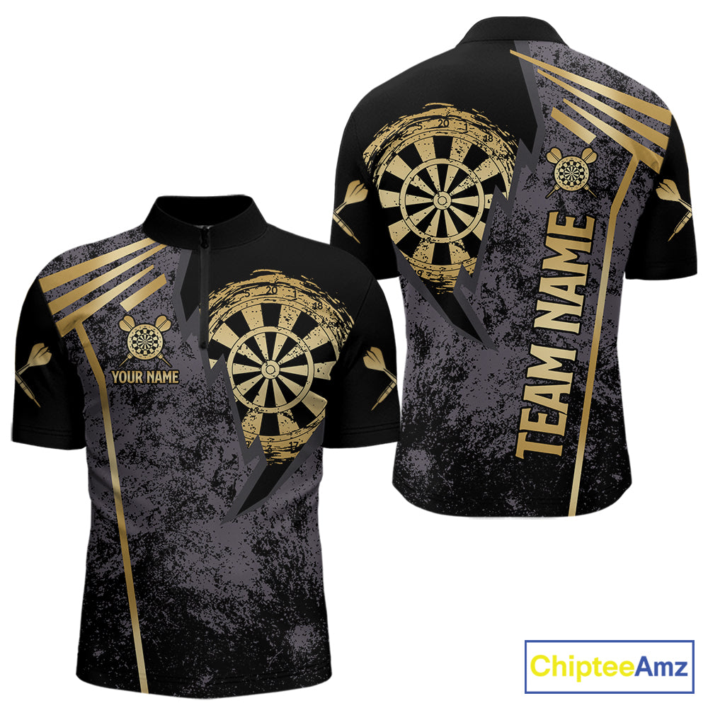 Gold grunge dartboard darts quarter zip shirt for men designed for league tournaments and team events.