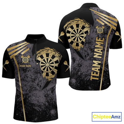 Gold grunge dartboard darts quarter zip shirt for men designed for league tournaments and team events.