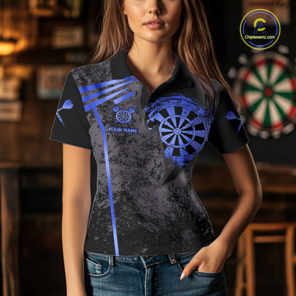 Woman wearing a blue grunge dartboard darts jersey front view.