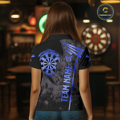 Back view of woman wearing a blue grunge dartboard darts shirt.
