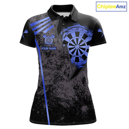 Blue grunge dartboard darts polo shirt for women with custom darts team graphics.
