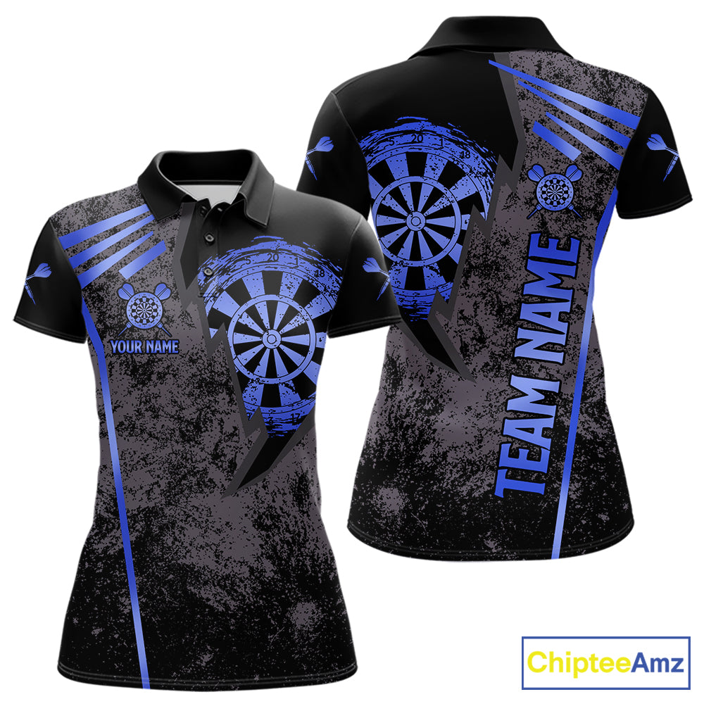 Blue grunge dartboard darts polo shirt for women with custom darts team graphics.