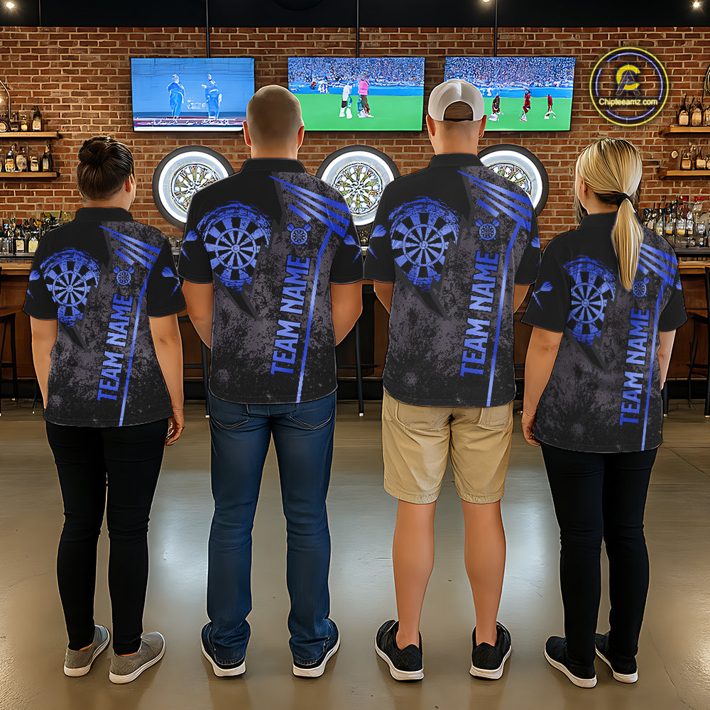 Back view of darts players wearing matching blue grunge dartboard darts shirts.