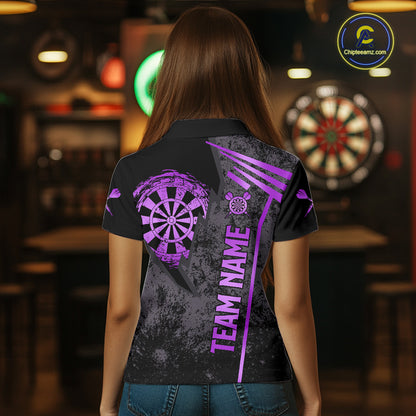 Back view of woman wearing a purple grunge dartboard darts shirt.