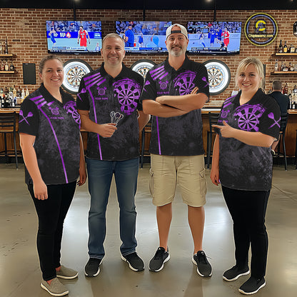 Darts team wearing matching purple grunge dartboard darts jerseys during league competition front view.