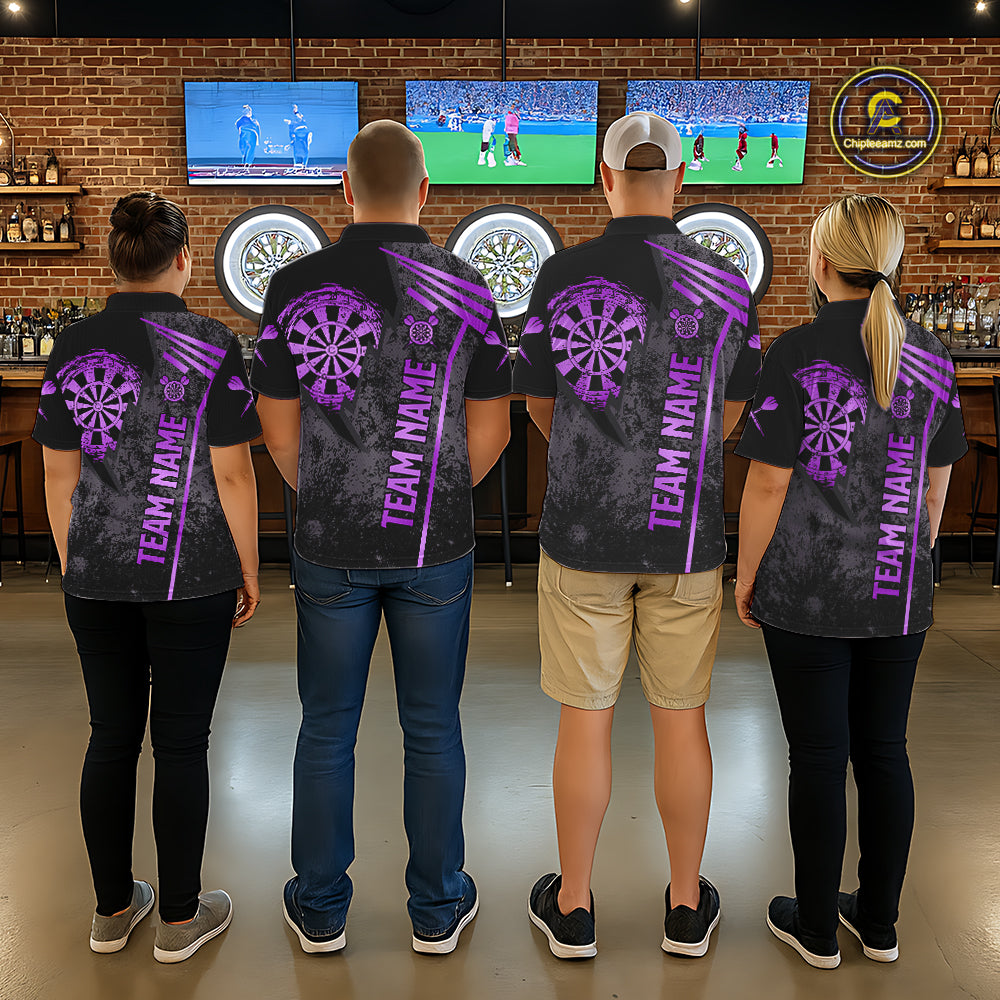 Back view of darts players wearing matching purple grunge dartboard darts shirts.