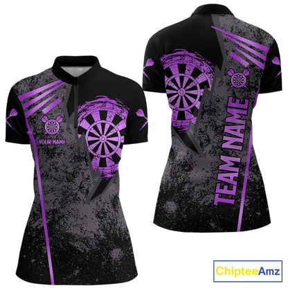 Purple grunge dartboard darts quarter zip shirt for women designed for league tournaments and team events.
