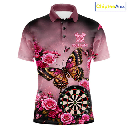 Butterfly and rose darts polo shirt for men with custom darts team graphics.