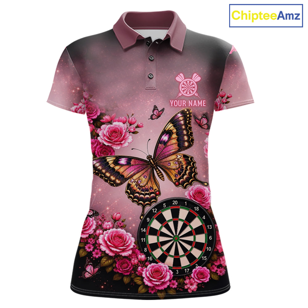 Butterfly and rose darts polo shirt for women with custom darts team graphics.
