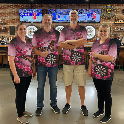 Darts team wearing matching butterfly and rose darts jerseys during league competition front view.