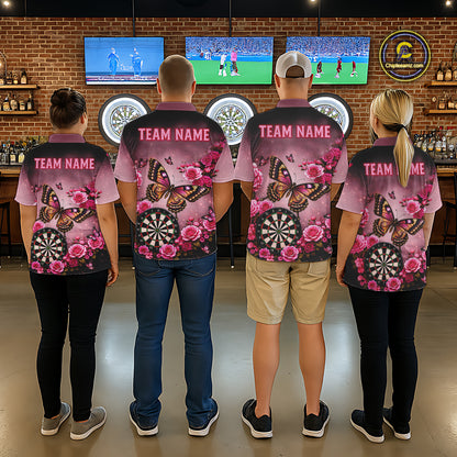 Back view of darts players wearing matching butterfly and rose darts shirts.