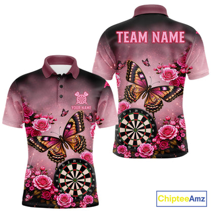 Butterfly and rose darts polo shirt for men with custom darts team graphics.