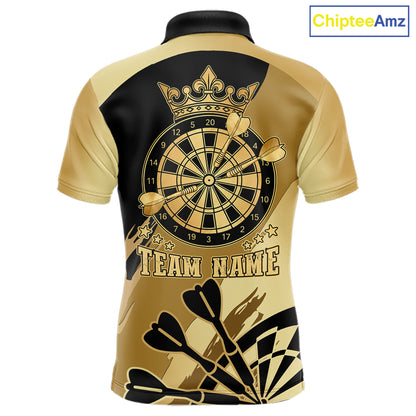 Black and gold dartboard crown darts polo shirt for men with custom darts league team graphics.
