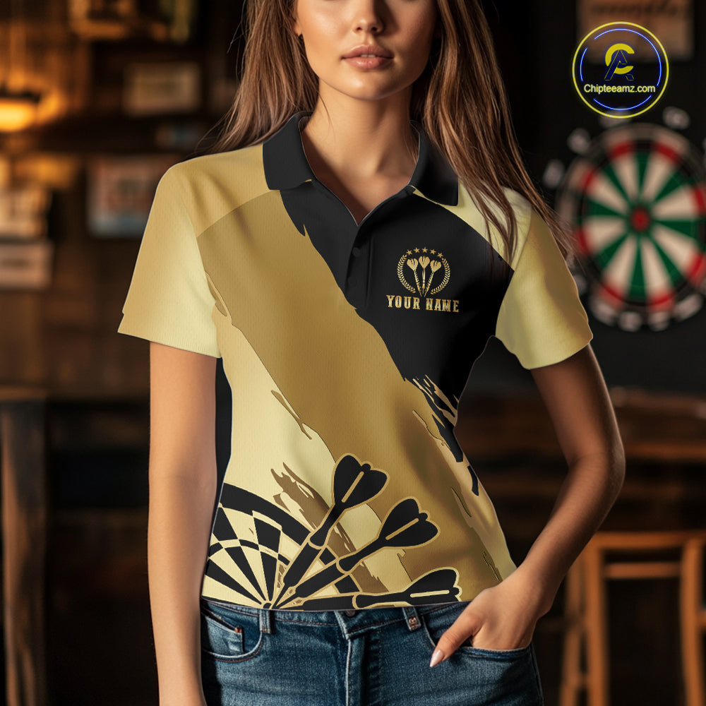 Woman wearing a black and gold dartboard crown darts jersey front view.