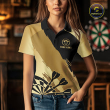 Load image into Gallery viewer, Woman wearing a black and gold dartboard crown darts jersey front view.