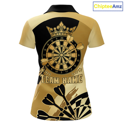 Black and gold dartboard crown darts polo shirt for women with custom darts league team graphics.