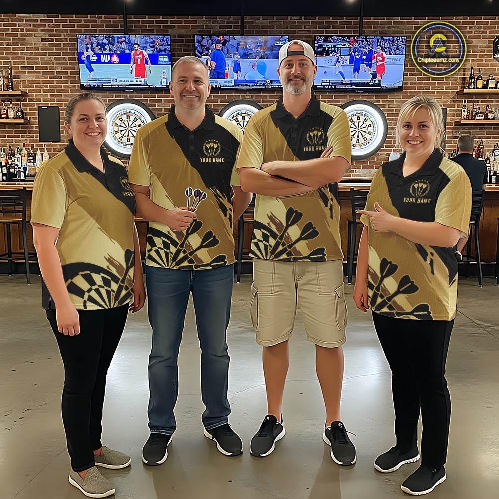 Darts team wearing matching black and gold dartboard crown darts jerseys during league competition front view.