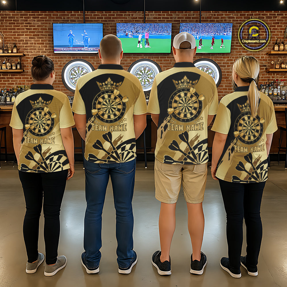 Back view of darts players wearing matching black and gold dartboard crown darts shirts.