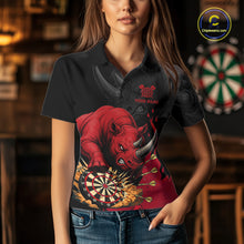 Load image into Gallery viewer, Woman wearing a black and red funny rhino darts jersey front view.