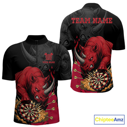 Black and red funny rhino darts quarter zip shirt for men designed for league tournaments and team events.