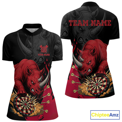 Black and red funny rhino darts quarter zip shirt for women designed for league tournaments and team events.