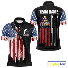 Load image into Gallery viewer, Personalized Grunge American Flag Men's Billiard Shirt, Patriotic Pool Team Shirt Polo &amp; 1/4 Zip TDM5242