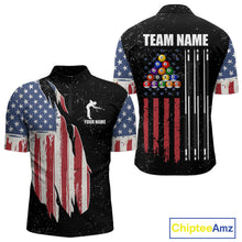 Load image into Gallery viewer, Personalized Grunge American Flag Men's Billiard Shirt, Patriotic Pool Team Shirt Polo &amp; 1/4 Zip TDM5242
