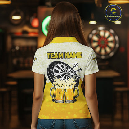Personalized Yellow Funny Darts And Beer Women's Dart Shirts, Darts Team Jersey Polo & 1/4 Zip TDM5509