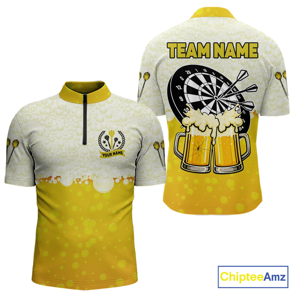 Personalized Yellow Funny Darts And Beer Men's Dart Shirts, Darts Team Jersey Polo & 1/4 Zip TDM5509