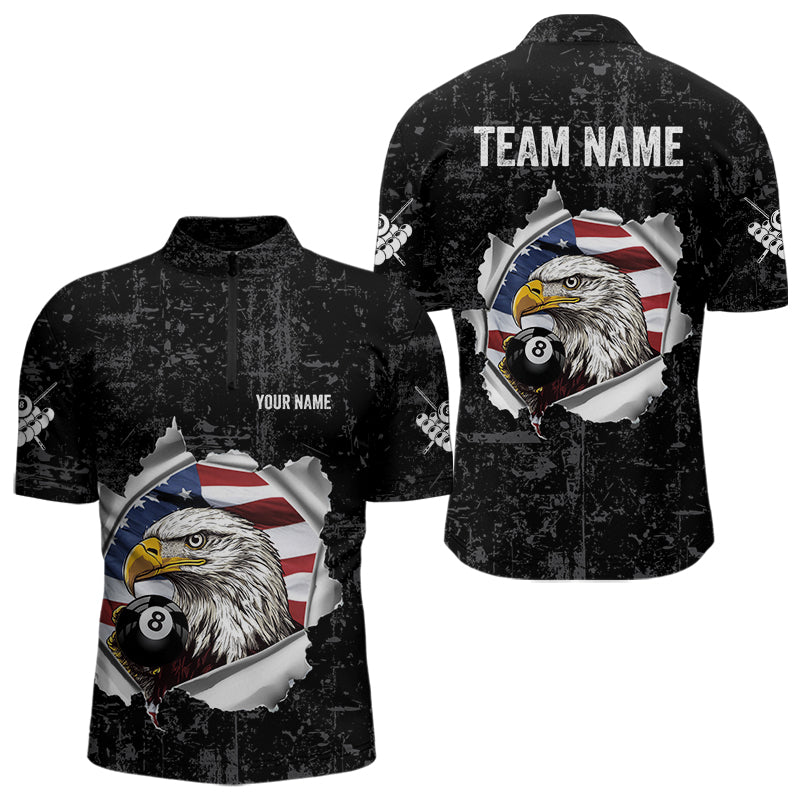 Personalized 8 Ball Pool Eagle US Flag Billiard Shirts For Men Custom Black Grunge Billiard Jerseys TDM3762