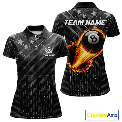 Black US Flag 8 Ball Fire Billiard Shirt For Women Custom Billiard Team Jersey Polo & 1/4 Zip TDM6122