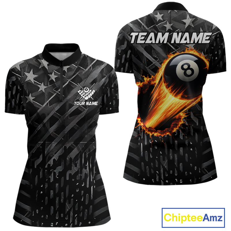 Black US Flag 8 Ball Fire Billiard Shirt For Women Custom Billiard Team Jersey Polo & 1/4 Zip TDM6122