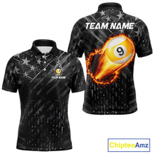 Load image into Gallery viewer, Black US Flag 9 Ball Fire Billiard Shirt For Men Custom Billiard Team Jersey Polo &amp; 1/4 Zip TDM6123