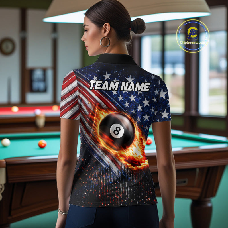 American Flag Fire 8 Ball Pool Billiard Shirt For Women Custom Billiard Team Jersey Polo & 1/4 Zip TDM6124