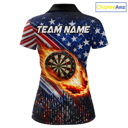 American Flag Fire Flame Darts Shirt For Women Custom Patriotic Darts Jersey Team Polo & 1/4 Zip TDM6125