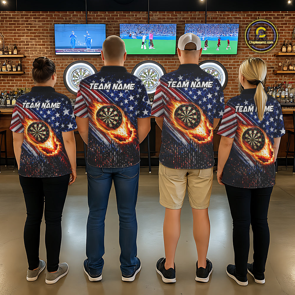 American Flag Fire Flame Darts Shirt For Men Custom Patriotic Darts Jersey Team Polo & 1/4 Zip TDM6125
