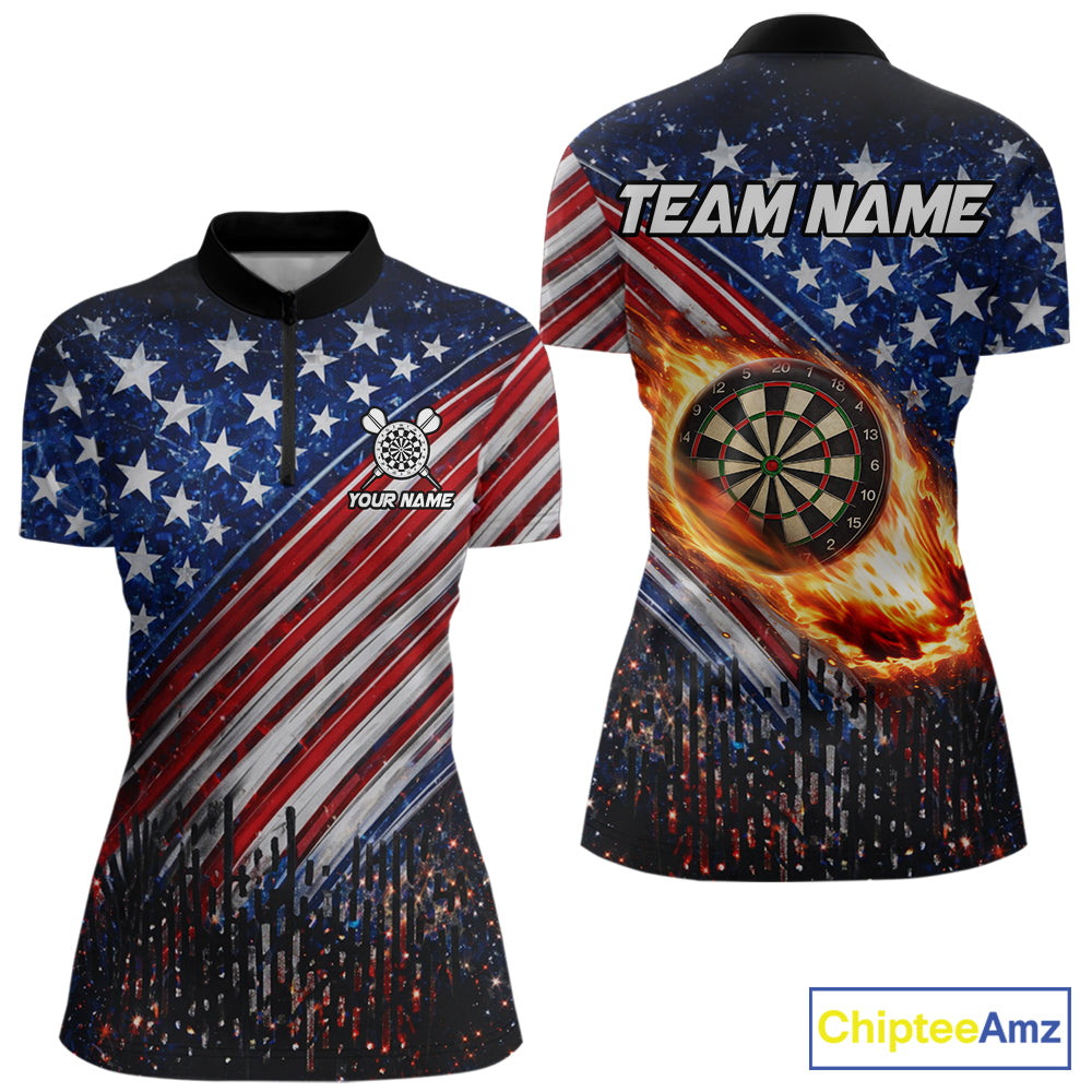 American Flag Fire Flame Darts Shirt For Women Custom Patriotic Darts Jersey Team Polo & 1/4 Zip TDM6125