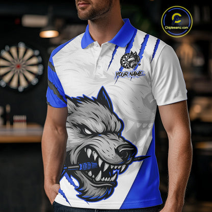 Blue And White Custom Claw Wolf Dart Shirts For Men, Dart Team Shirt Polo & 1/4 Zip, Dart Jerseys TDM4032